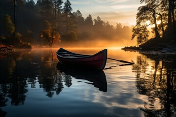 Red canoe drifts on foggy lake at sunset, creating serene natural landscape - obrazy, fototapety, plakaty