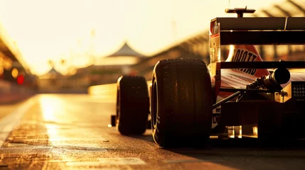 Foto op Canvas Formula one car back view on the track while driving at sunset. © bird_saranyoo
