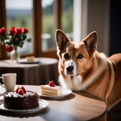 Perro en una casa junto a una mesa con tartas de chocolate bizcocho y crema con fresas - obrazy, fototapety, plakaty