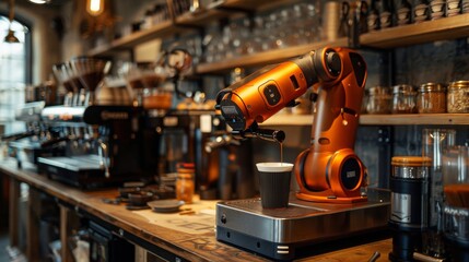 Fototapeta premium Barista Robot Arm Pouring Coffee in a Modern Cafe Setting