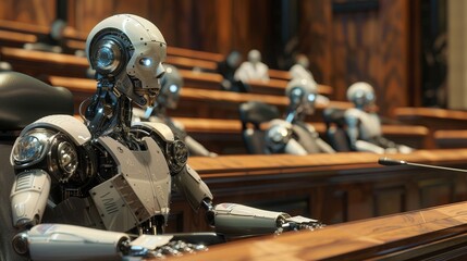 Robotic Council in Session at Court with Automated Judges in Robes

