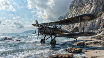Old airplane in the sea on a background of mountains and blue sky