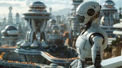 Futuristic Service Robot Overlooking a High-Tech Cityscape from a Balcony
