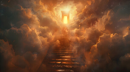 A heaven stairway is shown, the gate surrounded by fire and smoke, leading to a door of light at the top. - obrazy, fototapety, plakaty