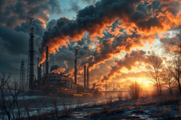Industrial landscape with smokestack at sunset - obrazy, fototapety, plakaty