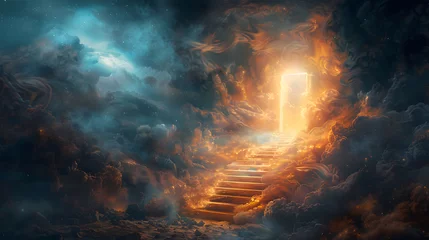 Fotobehang A heaven stairway is shown, the gate surrounded by fire and smoke, leading to a door of light at the top. © wing