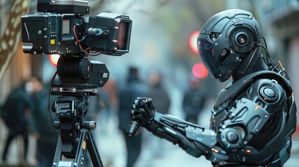 Robotic Cameraman Operating Professional Equipment for a Movie Shoot on Urban Street - obrazy, fototapety, plakaty
