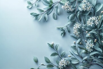 Flowers composition. White flowers on blue background. Flat lay, top view, copy space