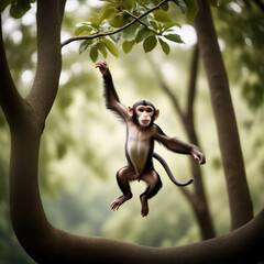 Mono saltando de rama en rama en un bosque  - obrazy, fototapety, plakaty