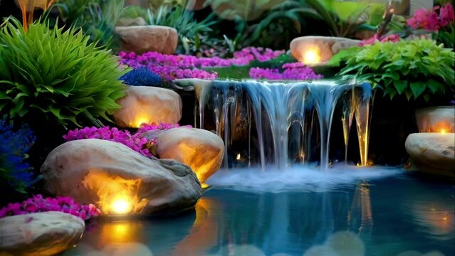 Waterfall in the garden with colorful flowers and light at night.