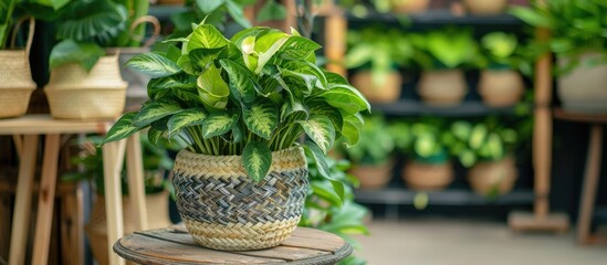 Stylish green plant displayed in a wicker pot on a vintage wooden stand within a floral shop setting.