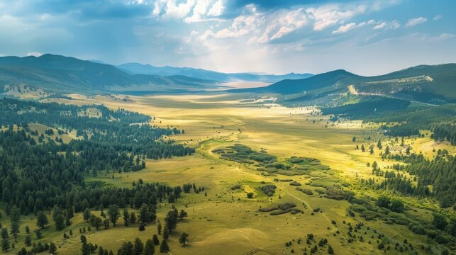 aerial view, wide landscape montana, nature photography, copy and text space, 16:9