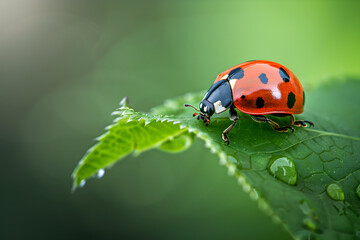 Capturing a Moment of Silence: Vibrant Ladybird on a Tranquil Leaf in Natural Daylight