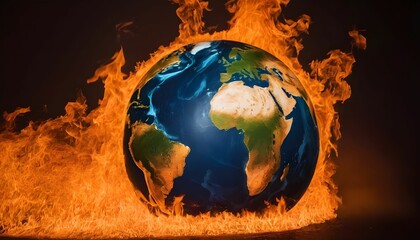Global warming, climate catastrophe, climate summit, climate protection - Burning globe concept for world earth day created with generative ai