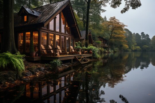 A log cabin by a lake with trees, a natural landscape