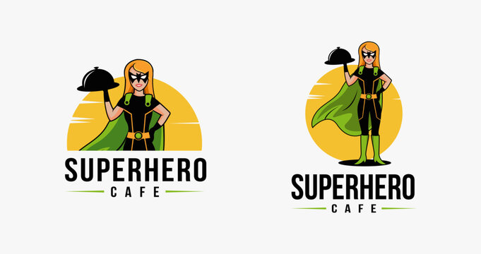 Cartoon mascot superhero waiter logo vector template, super service restaurant logo concept on white background