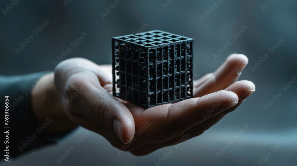 Aufkleber a hand holds a small black cube with a series of tiny openings covering its surface. highly efficien