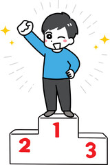 1位になって喜ぶ表彰台の上に立つ私服の若い男性(全身)