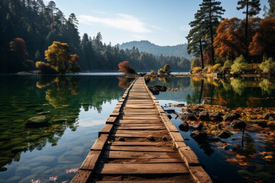 Wooden bridge crossing over tranquil lake in natures serene landscape