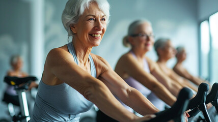 A fit senior woman doing a cycling workout at a gym