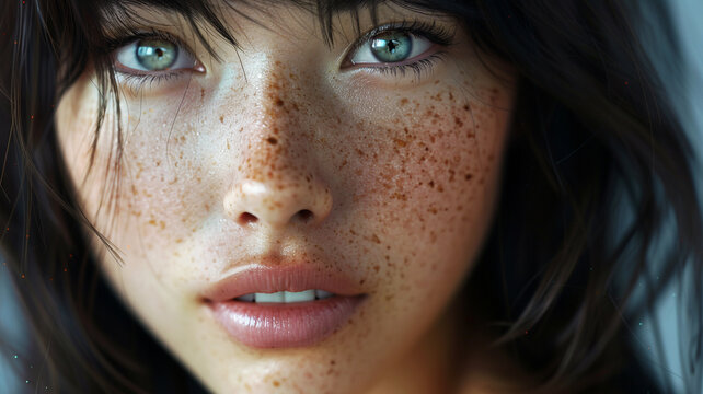 A close-up image of an Asian woman with many freckles