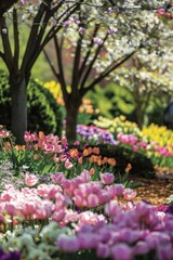 Fototapeta premium Explore the joy of springtime awakening with blossoming flowers, chirping birds, and gentle breezes carrying the scent of fresh blooms, Generative AI