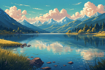 Lake in a cold mountain area. In anime style