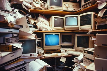 A cluttered room with many old computers and televisions..