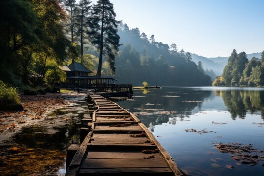 Wooden dock on the lake, surrounded by trees in a natural landscape