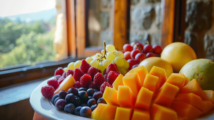 A closeup of a plate filled with a variety of fresh fruits arranged in a stunning display. The background shows an open window in the wall of a castle tower. - obrazy, fototapety, plakaty