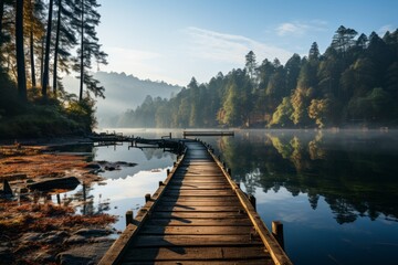 A wooden dock on a serene lake surrounded by trees under a cloudy sky - obrazy, fototapety, plakaty