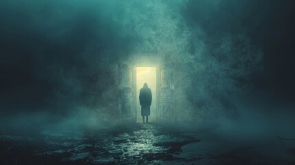 A mysterious figure opening a door to reveal a distorted and twisted version of reality hinting at the dangers of meddling with different dimensions. - obrazy, fototapety, plakaty