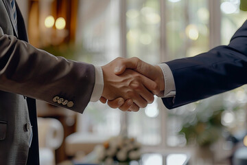 powerful handshake Male businessmen congratulate each other and respect each other. - obrazy, fototapety, plakaty