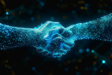 Powerful handshake, background business digital format in abstract technology of the future.