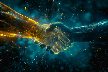 Powerful handshake, background business digital format in abstract technology of the future.