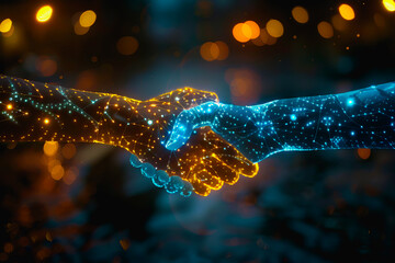 Powerful handshake, background business digital format in abstract technology of the future. - obrazy, fototapety, plakaty