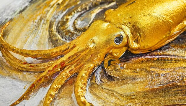 Pintura abstracta y arte de texturas inspiradas en un calamar dorado.