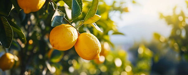 Yellow lemons on the lemon tree branches in a beautiful sunny day - obrazy, fototapety, plakaty