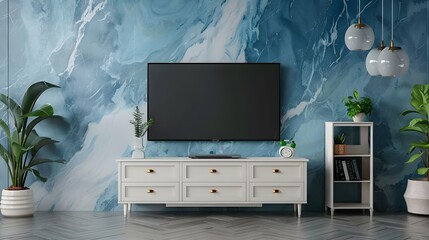 Interior mock up living room. cabinet for TV or place object in modern living room with lamp,table,flower and plant