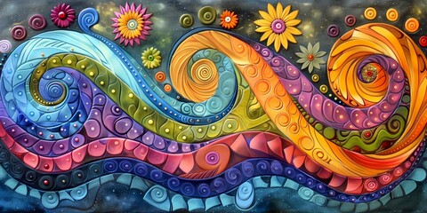 Abstract background with colors and curls.