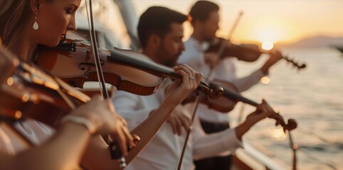 The tranquil waters around the yacht serve as the perfect backdrop for a musical ensemble who are skillfully plucking strings and blowing wind instruments to produce a symphony