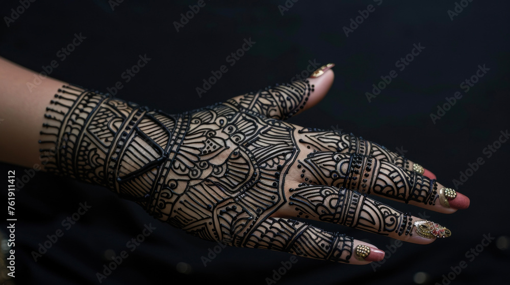 Poster an intricate henna design on a hand with some patterns specifically focusing on the reflexology poin