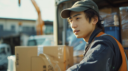 日本人の若いトラックドライバー - obrazy, fototapety, plakaty