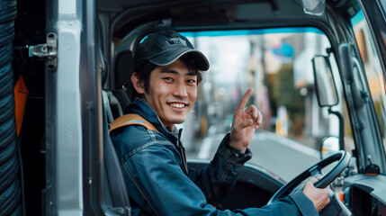 Obraz premium 日本人の若いトラックドライバー