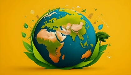 Earth Day  environment protection eco care ecology future recycling, responsibility save concept illustration - World globe planet, isolated on yellow background generative ai