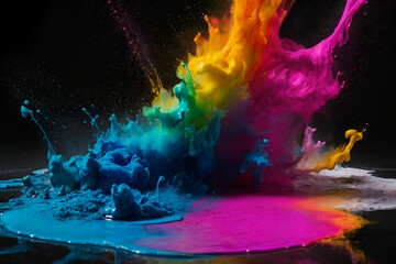 Spills of multicolored metallic dye mixing and spreading on black background