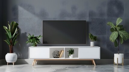 Interior mock up living room. cabinet for TV or place object in modern living room with lamp,table,flower and plant