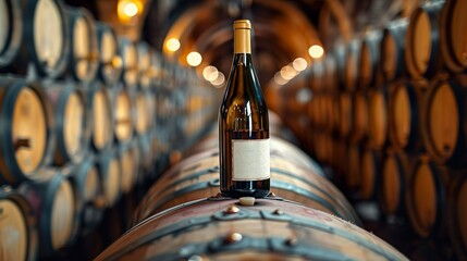 Bottle of white wine on top of barrels.