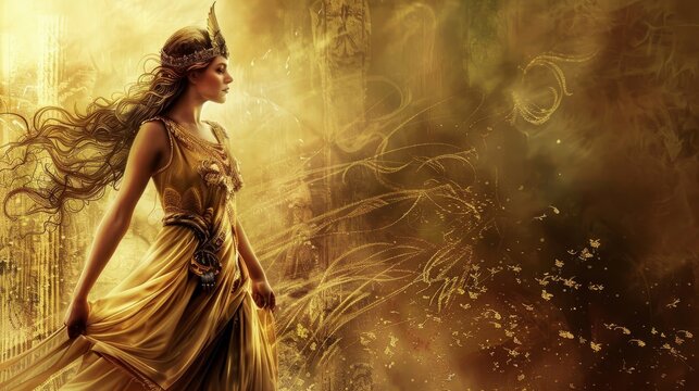beautiful greek goddess hera. golden wallpaper background with a lot of blank copyspace