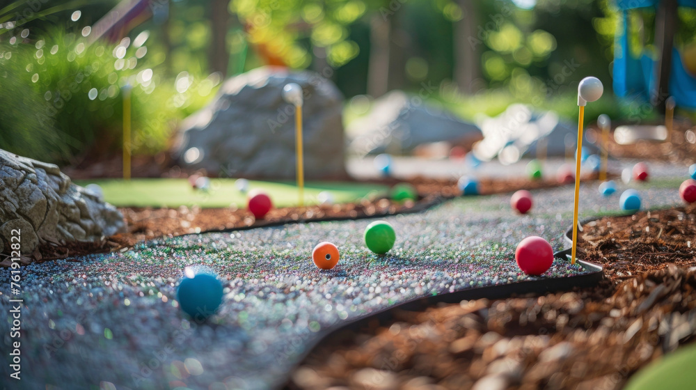 Poster create your own minigolf course at the park with a picnic that includes putters golf balls and creat